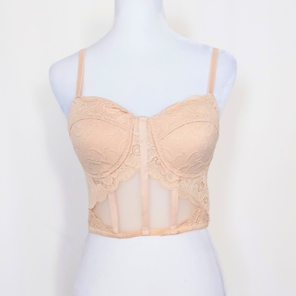 Say What Padded Front Lace Corset Top Size Medium Adjustable Zippered Peach